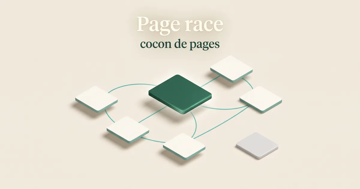Cocon SEO en vue isométrique : page race centrale reliée aux pages portée, guide et preuve.