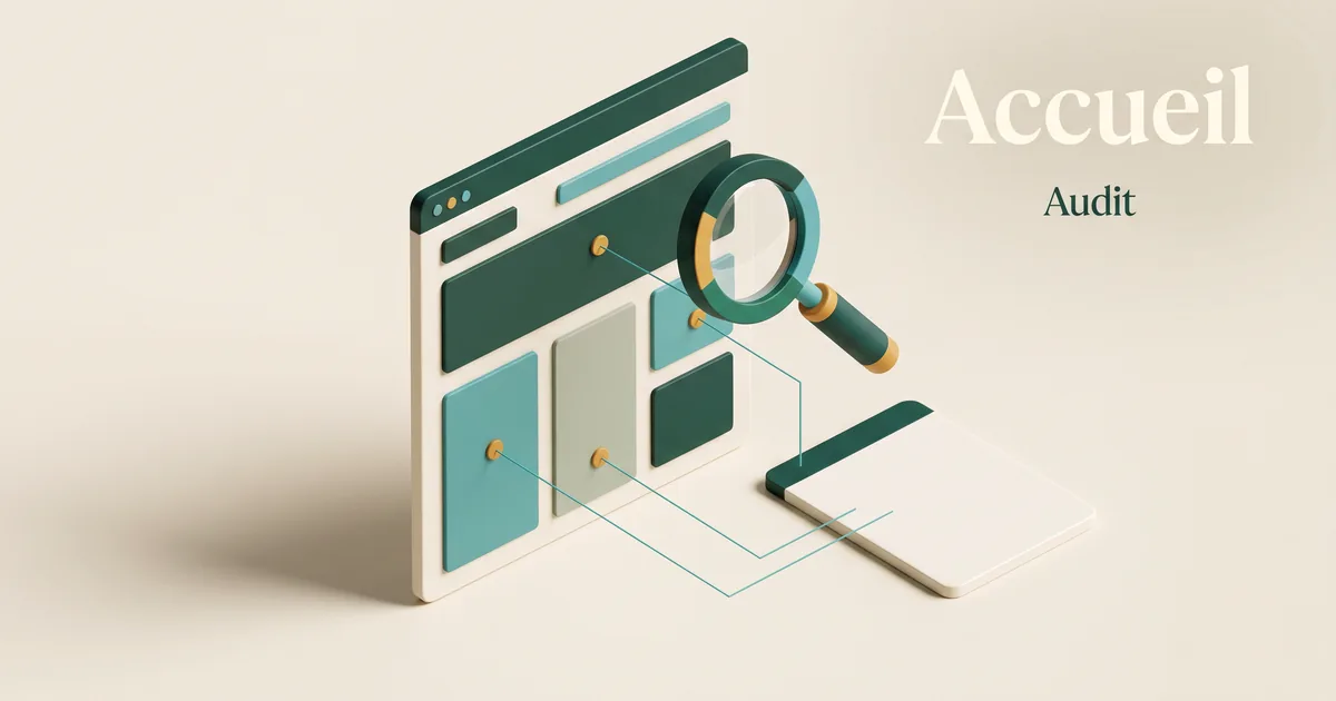 Page d'accueil d'élevage annotée en vue isométrique avec priorités d'audit, sur fond ivoire.