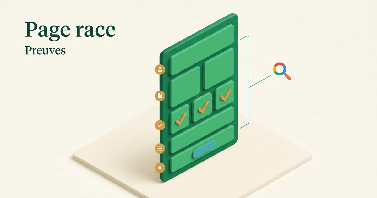 Wireframe isométrique d'une page race avec blocs de contenu numérotés, sur fond ivoire.