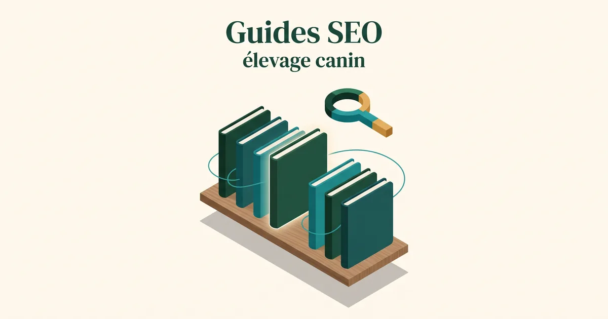 Étagère isométrique de fiches-guides SEO reliées par parcours, sur un plan ivoire.