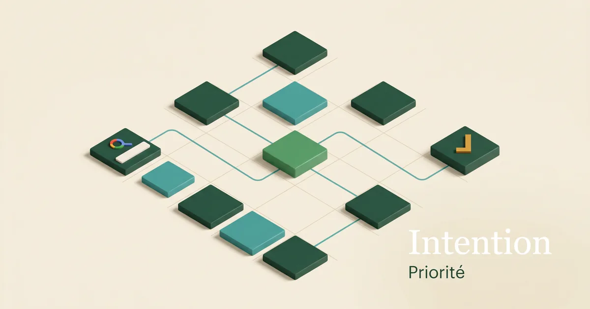 Matrice SEO isométrique reliant intentions familles, pages cibles et preuves, sur fond ivoire.